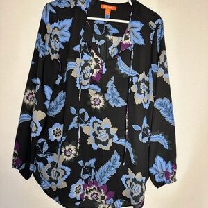 Joe Fresh Blouse Womens Large Blue Floral Long Sleeve Sheer Pullover Top
